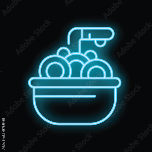 Bright blue neon sign depicting a sink full of soapy water with bubbles, illuminated against a dark background, ideal for concepts such as cleanliness and housework