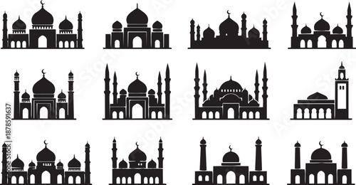 A versatile concept collection of diverse Islamic mosque silhouettes, featuring distinct architectural designs and sacred cultural landmarks, ideal for spiritual and design projects