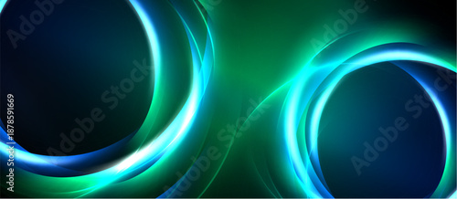 Abstract background features glowing circular shapes. Vivid blue, green hues create dynamic visual effect. Smooth curves suggest movement, energy.