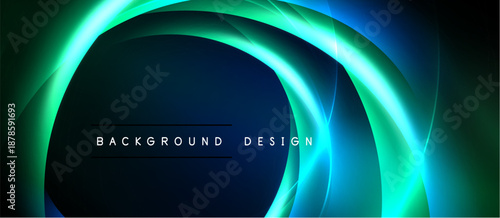 Abstract blue, green light curves form dynamic background. Text reads background design centered within dark space. Modern, elegant visual.