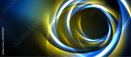 Abstract swirls, vibrant blue, yellow hues create dynamic energy. Dark background emphasizes glowing circular forms, modern design.