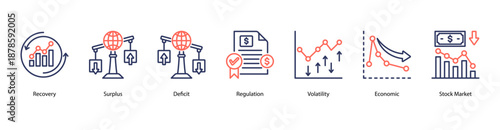 Economic Performance and Metrics web banner vector illustration featuring Surplus, Deficit, Regulation, Volatility, Economic, Stock Market, and Economic Crisis.