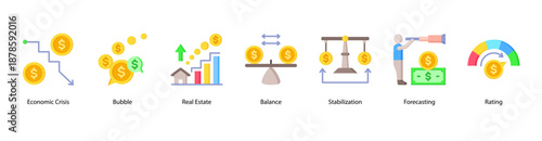 Forecasting and Stabilization web banner vector illustration featuring Bubble, Real Estate, Balance, Stabilization, Forecasting, and Rating.