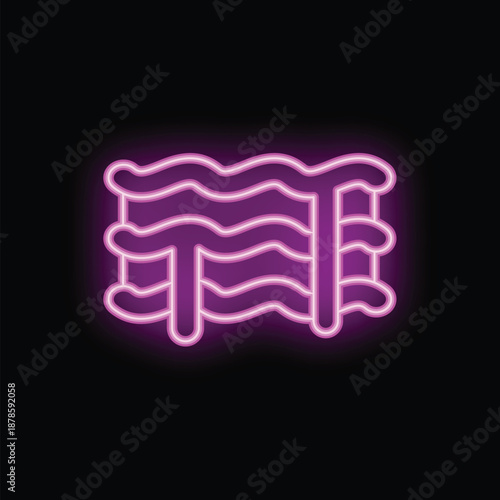 Bright purple neon sign depicting water park waves glowing on black background
