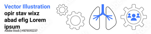 Healthcare, medical innovation, teamwork, respiratory system, engineering, anatomy. Lungs surrounded by gear icons and group symbol. Healthcare and medical innovation concept