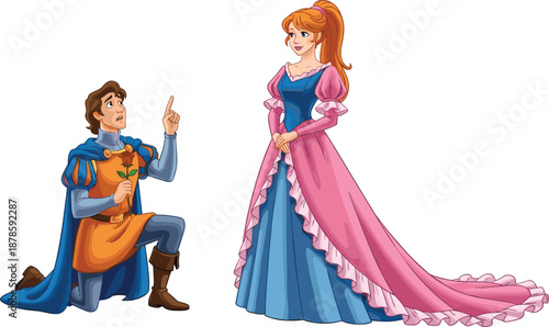 Cartoon prince proposing to princess with rose – romantic medieval character vector for fairy tale, love story, and fantasy design
