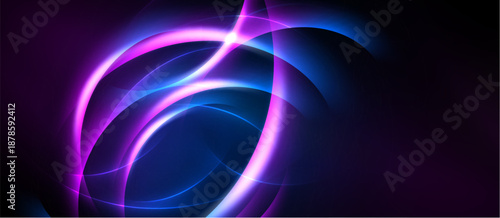 Abstract neon swirls, vibrant purple, blue hues dominate dark background. Dynamic energy radiates from central point.