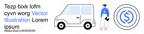 Transportation, finances, car rental services, driving, mobility, urban commuting. A car, a woman holding documents and a coin icon in a minimal style. Transportation and finances concept