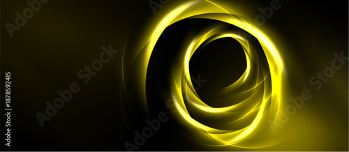 Golden swirls create dynamic vortex. Dark background emphasizes bright, flowing lines. Abstract design evokes energy, motion.