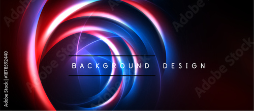 Abstract neon circles radiate from center. Vibrant red, blue, purple hues blend against dark backdrop. Modern design element.