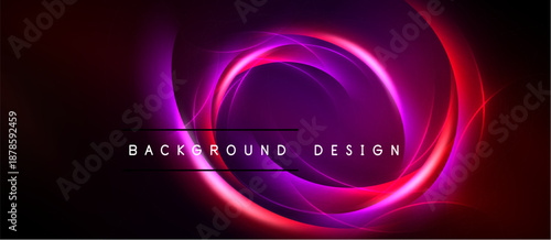 Abstract design features vibrant circular glows. Pink, purple, red hues blend into dark background. Text reads background design.
