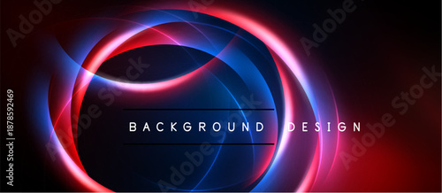 Abstract neon lights form circular shapes. Red, blue glows create dynamic background design. Dark space emphasizes vibrant energy.