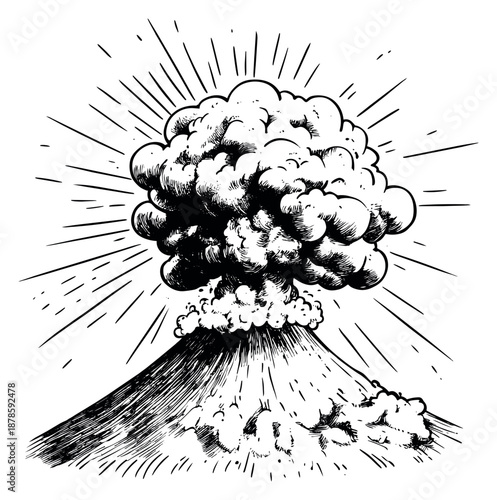 Hand drawn line art illustration of a volcano depicting a powerful eruption for disaster concepts
