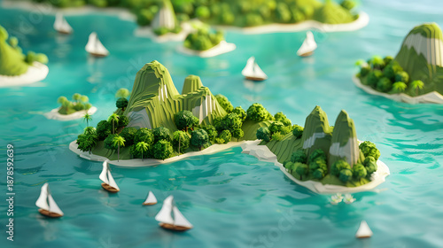 3d Isometric low poly clay style chain of small island