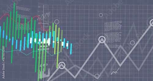Animation of red line and financial data processing over grey background