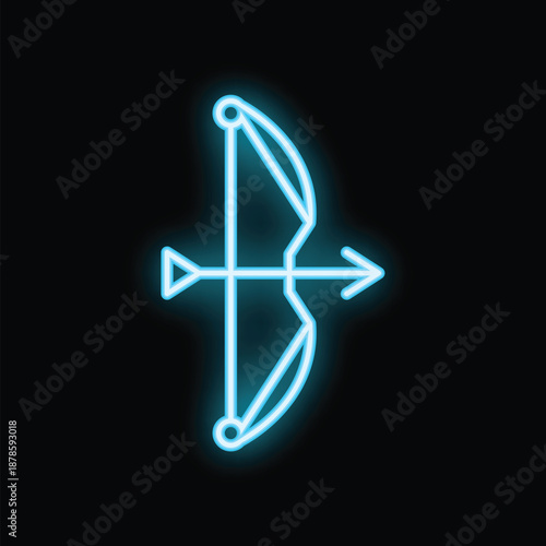 Neon blue bow and arrow is glowing on a black background
