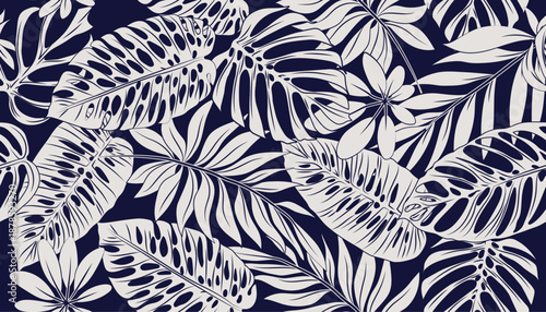 Seamless tropical vector pattern featuring white monstera and palm leaves on a dark navy blue background in a minimalist hand-drawn style
