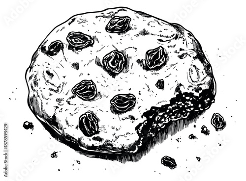 Hand drawn line art illustration of a raisin cookie depicting a bite taken out with crumbs for dessert menus and snack advertising
