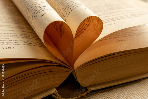 An open book with pages folded into a heart shape, symbolizing a love for reading or a romantic story. A perfect Valentine's theme