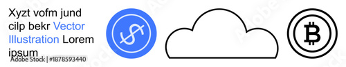 Cryptocurrency, digital finance, blockchain, cloud storage, online security, fintech. A dollar sign in a circular icon, a cloud and a Bitcoin symbol. Cryptocurrency and digital finance concept