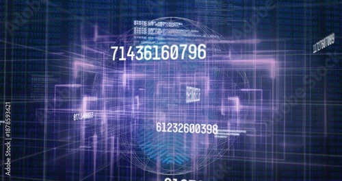 Animation of changing numbers, computer language, fingerprint, lines, globe over abstract background
