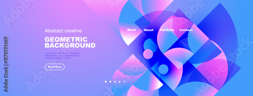 Abstract website header design. Vibrant geometric shapes, purple hues, text elements present. Modern, clean aesthetic.