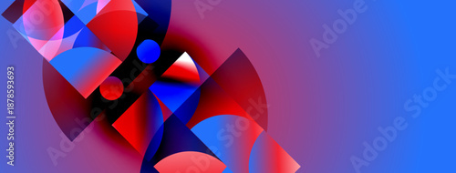 Abstract shapes blend vibrant blues, reds, purples. Dynamic composition creates modern visual impact. Smooth gradients define forms.