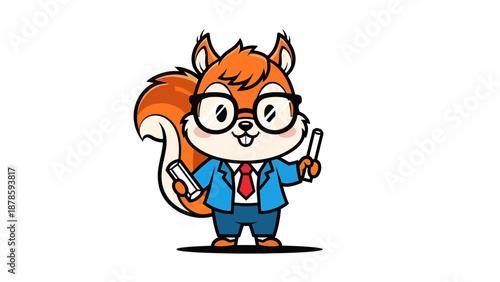 Cute cartoon squirrel wearing glasses and suit holding pens.