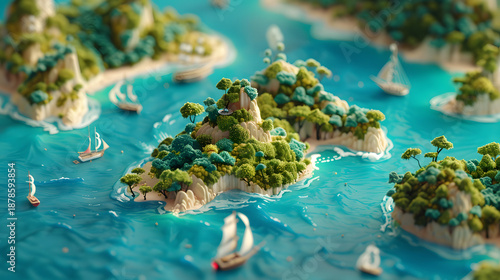 3d Isometric low poly clay style chain of small island