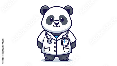 Cute Panda Bear Doctor Wearing Stethoscope and Lab Coat.
