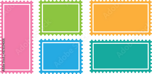 A collection of various colorful blank postage stamp shapes with serrated edges on a white background