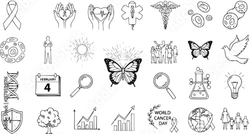 Medical Icons  Symbols: Cancer Awareness, Health, Science, February 4th, DNA, Butterfly, Dove, Globe, Family