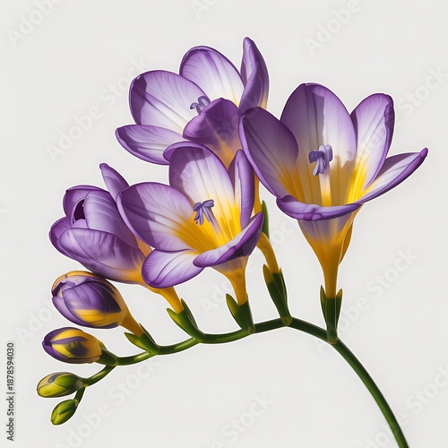 Purple freesia flowers with green stem and buds