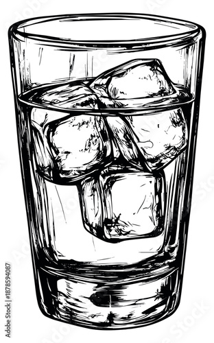 Hand drawn line art illustration of a glass of water with ice cubes depicting cold refreshment for beverage concepts