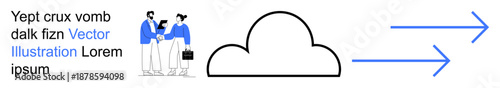 Cloud computing, teamwork, data transfer, digital collaboration, file sharing, remote work. Two businesspeople interacting beside a cloud with arrows. Cloud computing and teamwork concept