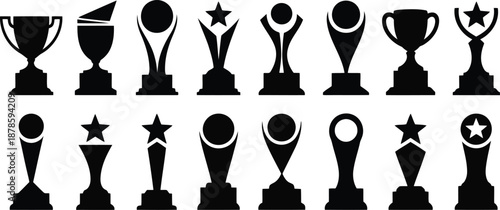 A diverse collection of elegant black trophy and award silhouettes displayed on a clean white background