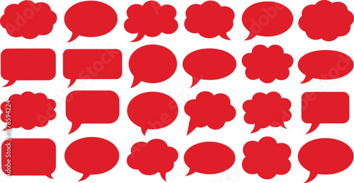 A diverse collection of red speech bubbles and thought balloons displayed neatly on a clean white background