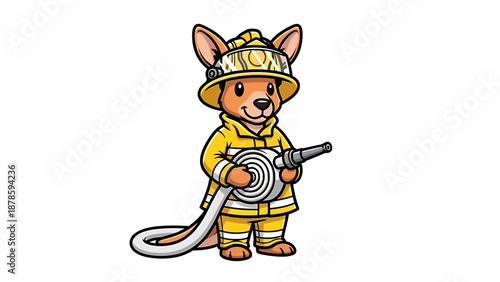 Cute Kangaroo Firefighter Holding Water Hose Ready to Fight Fire.