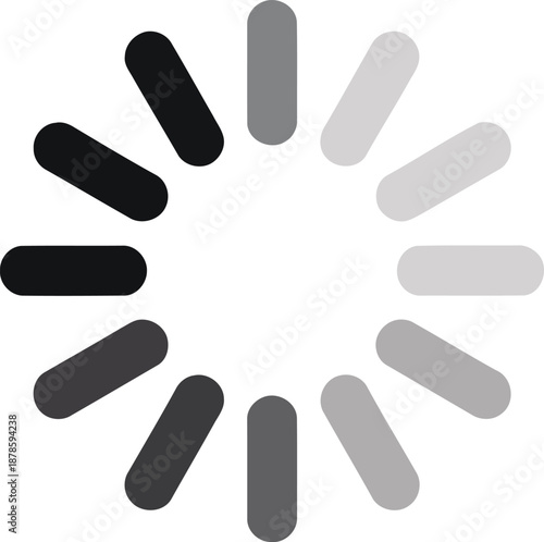 A minimalistic loading spinner with dark grey and light grey segments rotating on a clear white screen
