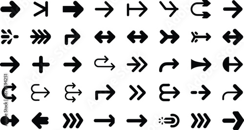 A large collection of various black arrow icons pointing in many directions on a clean white background