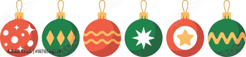 A row of six colorful Christmas holiday ornaments with distinct patterns and golden hanging loops displayed