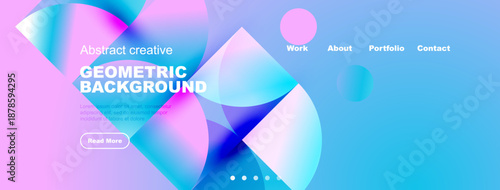 Abstract geometric background design. Bright colors, fluid shapes, website header with navigation elements. Modern aesthetic.
