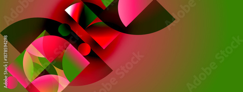 Abstract shapes overlap, creating vibrant color gradients. Red, green, pink dominate composition. Modern digital art piece.