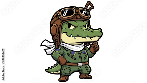 Cartoon Alligator Pilot Character Wearing Aviator Gear.