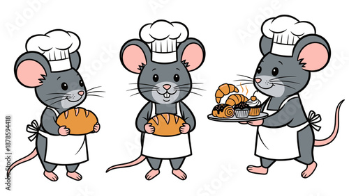 Cute cartoon mice dressed as chefs holding baked goods.