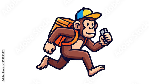 Cartoon Monkey Character Delivering Package with Backpack and Phone.