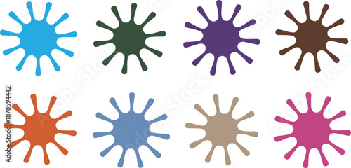 Eight colorful paint splatters and organic ink blot shapes arranged neatly on a clean white background