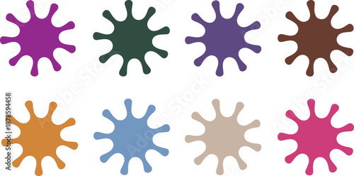 Eight vibrant multicolored ink splats with irregular shapes arranged horizontally on a clean white surface