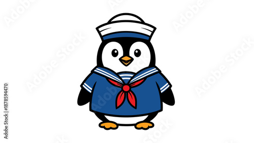 Cute cartoon penguin dressed as a sailor with a blue uniform and red tie.
