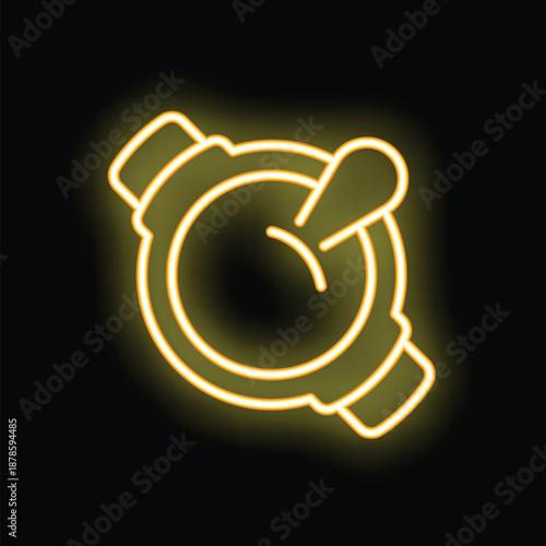Neon yellow glowing symbol of wrist watch with time arrow pointing at almost three o'clock